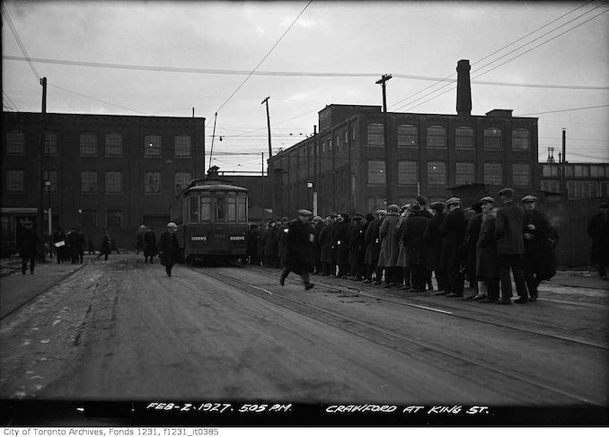 1927 - February 2 - Crawford Street at King Street 505pm Streetcar line up