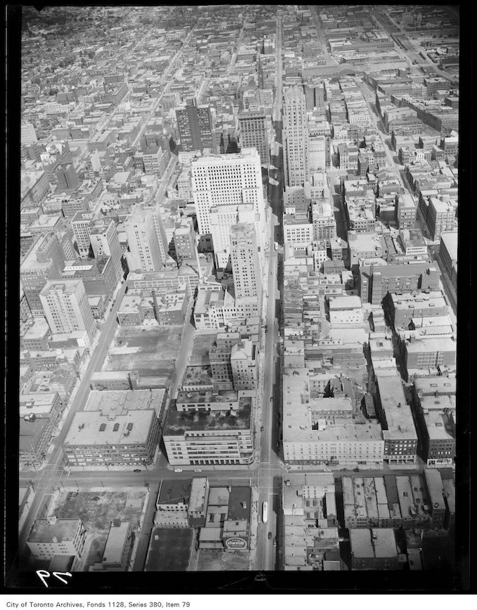 1950? - Aerial view of downtown Toronto, looking east along King Street