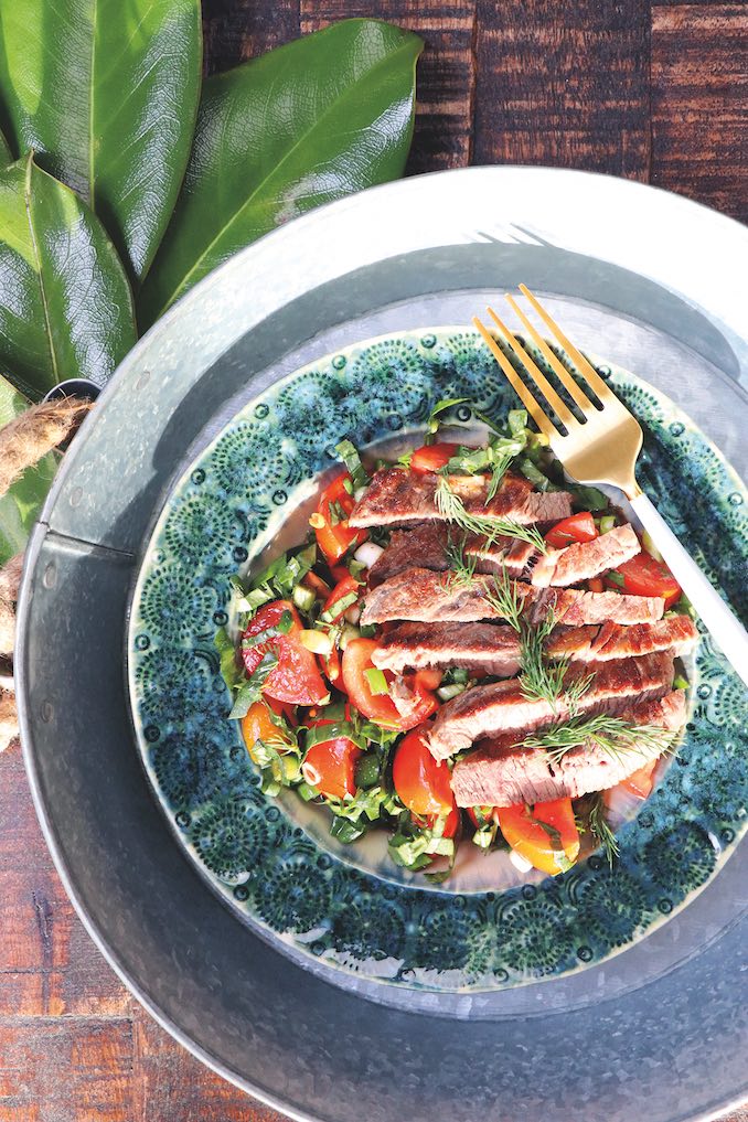 Grilled Blade Steak with Chopped Tomatoes, Herbs, and Green Onions