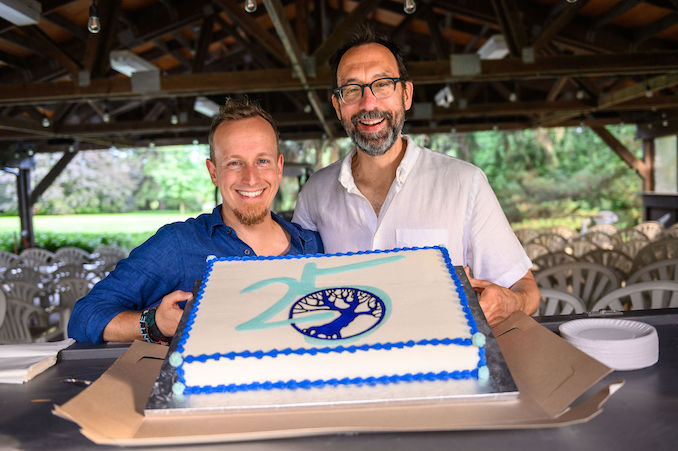 Let there be cake!! Wouldn’t have a 25th anniversary opening night without some. Joined here by Driftwood board president (and award-winning author – look him up) Trevor Cole. Photo by Dahlia Katz.