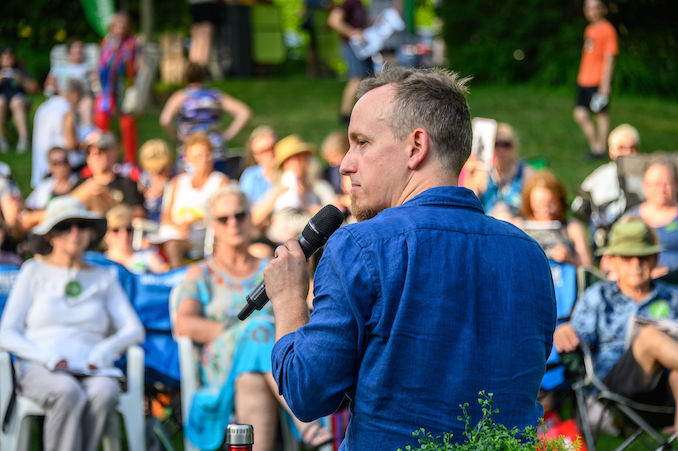 I may look unhappy, but maybe that’s just because everyone else got cake before me… Loved this pre-show chat with our opening night guests. Photo by Dahlia Katz.