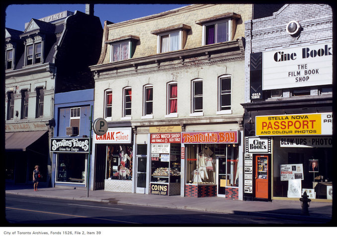 1973 - July 18 - View of CineBook and other stores along the west side of Yonge Street, between Bloor and Wellesley Streets