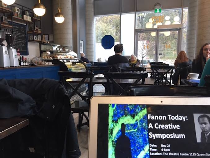 Working on publicity for our Famon Symposium at my favourite writing spot Hannah's cafe on Bloor overlooking high park. Iris named the cafe after her grandmother Hannah. It's the perfect spot for baked goods, salads quiche or sandwiches .jpeg