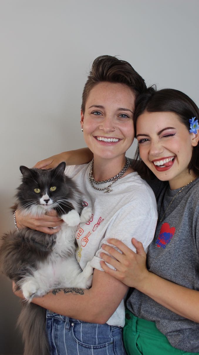 "My partner Lauren and I with our kitty-child Willow, who we adopted from the Etobicoke Humane Society back in April."