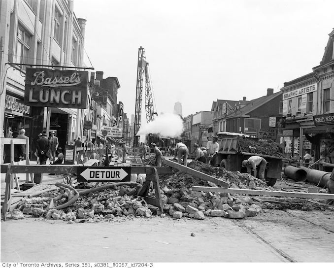 1950-September 1-Ceiling over tunnel and pouring of cement, 2 Yonge Street and Trinity Square