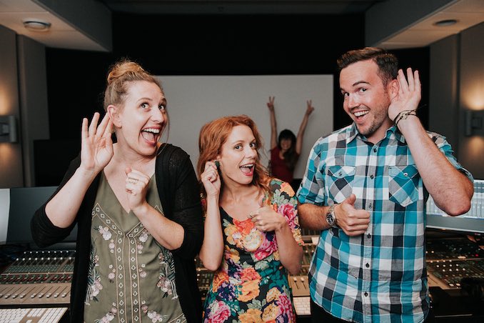 The Women on Screen Out Loud Podcast Team goofing around at our Season 1 Sponsor Studio – Redlab Digital. Witih co-creators/hosts Jen Pogue, Lara Jean Chorostecki, Guest Grace Lynn Kung & Sound Recorder/Mixer John Lawless