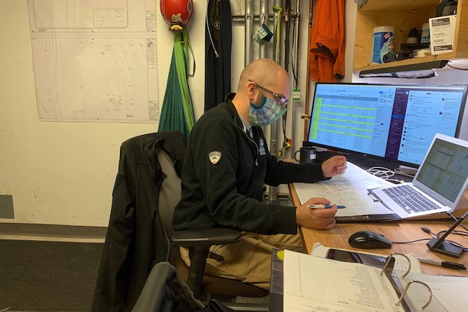 Working on a lighting plot in my office at Pinewood Studios, on Star Trek: Discovery. And showing off my new Covid haircut, and the mask made by my mum.