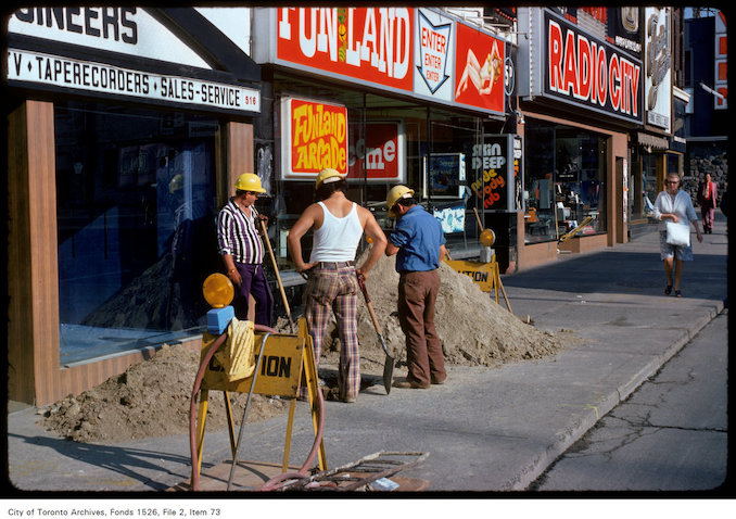 1975 - View of construction on Yonge Street in front of Funland Arcade, south of Wellesley