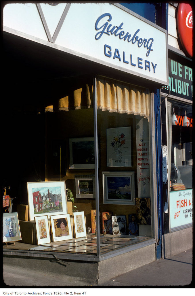 1975 - View of the Gutenberg gallery store window display on the west side of Yonge Street, north of Wellesley