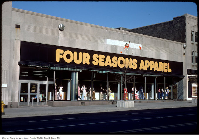 1977 - View of the store "Four Seasons Apparel" on west side of Yonge Street, north of Gerrard