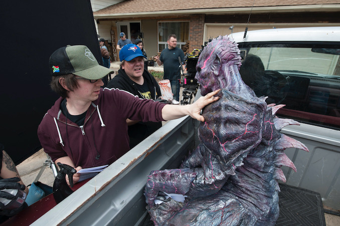 Helping slime up PG while on set for “PG: Psycho Goreman”