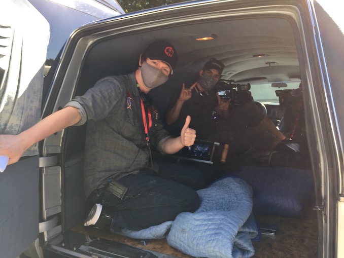 Getting ready to film in the back of a hearse for “Day of the Dead”