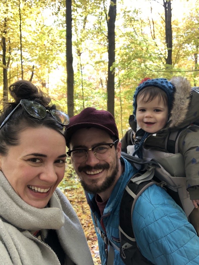 Me with my partner, Cal, and our son, Arlo. Having two dogs is a good reminder to make sure we are spending time every day outside, which is really nice.