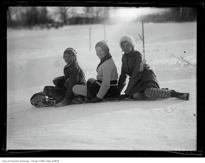 1931 - Rosedale Golf [Course], three girls on toboggan