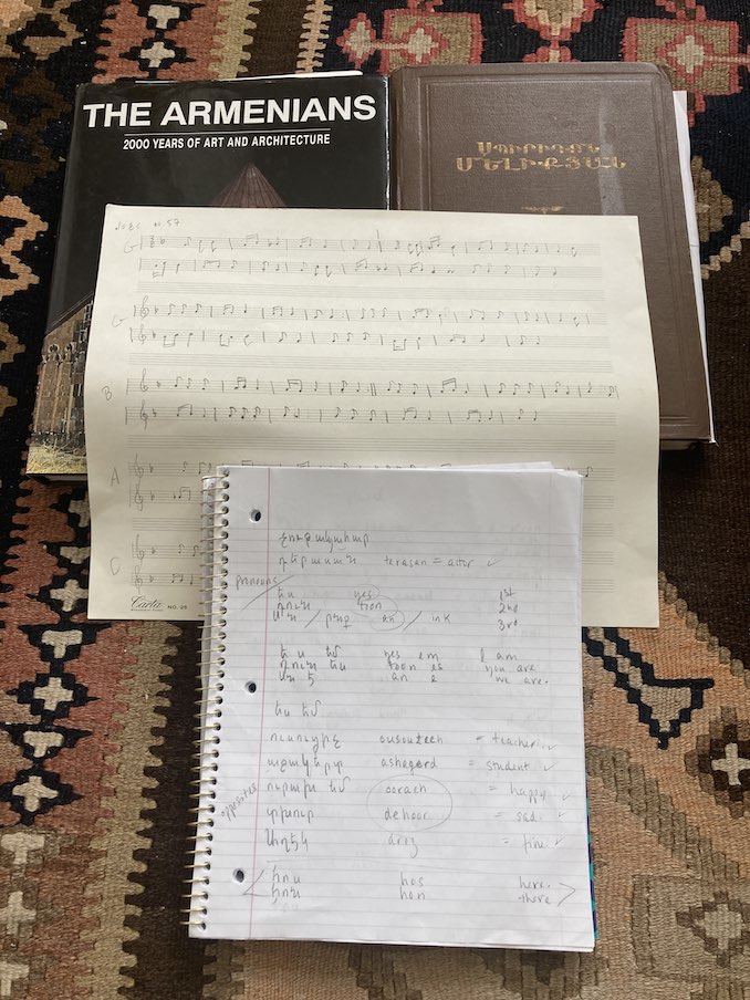 Discovering my heritage: a book on Armenia, folkloric transcriptions, my studies around Armenian folk songs and Armenian language class scribbles.