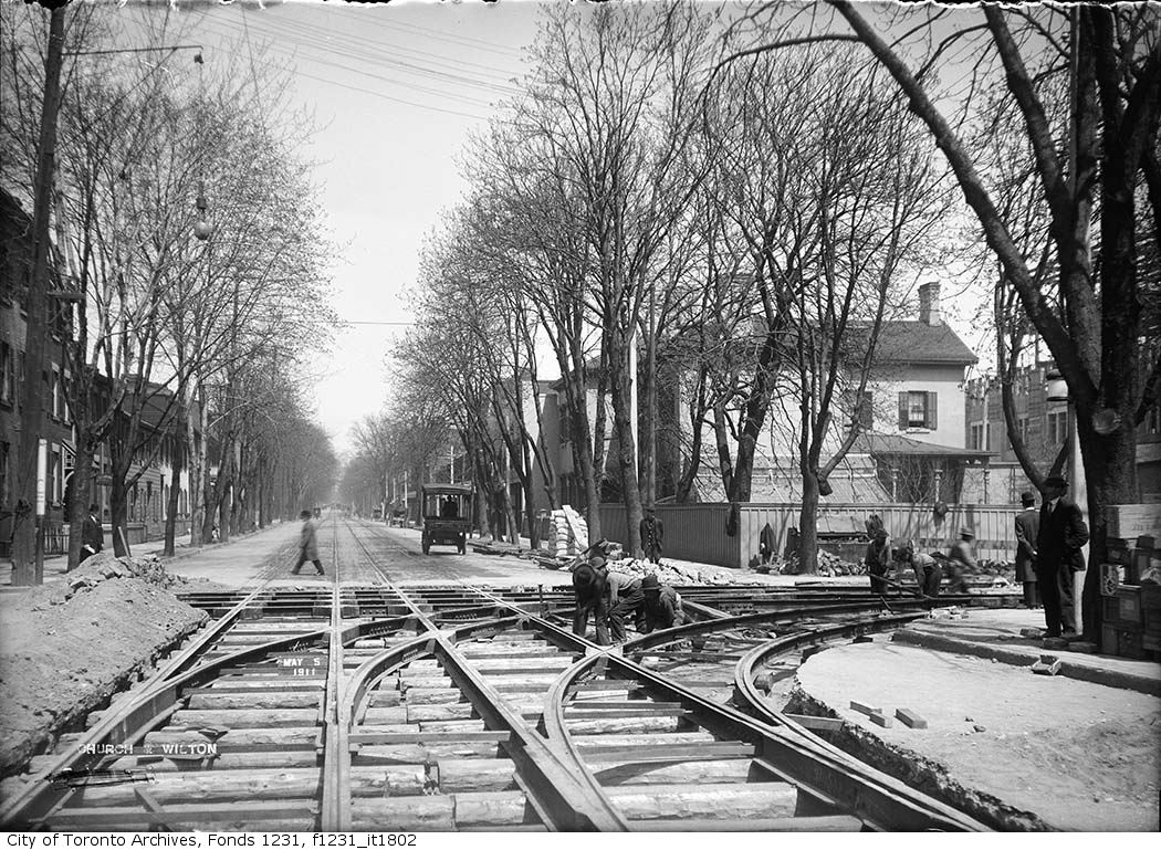 1911 - Church Street north at Wilton Street (Dundas Street) Track laying