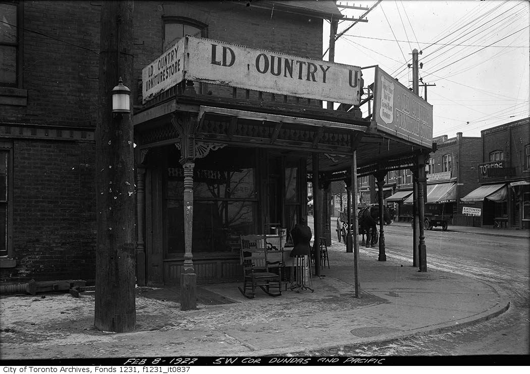 1922 - Old Country Furniture store, southwest corner of Dundas Street and Pacific Avenue