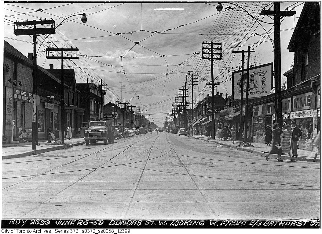 1953 - Dundas Street West, looking west from Bathurst Street