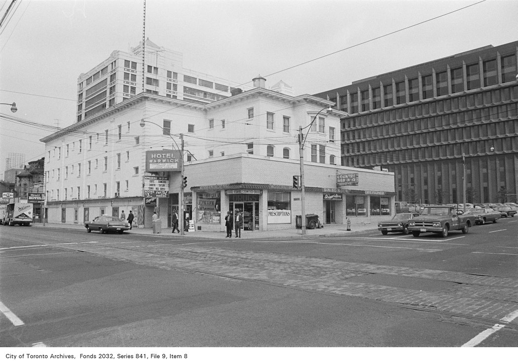 1972 - Corner of Jarvis Street and Dundas Street, looking north-west, showing the Hotel Warwick
