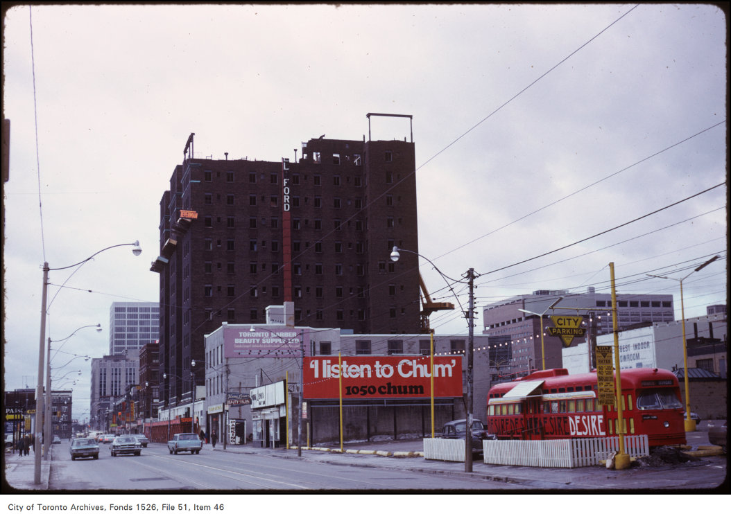 1974 - Ford Hotel - under demolition - view west on Dundas Street at Yonge Street