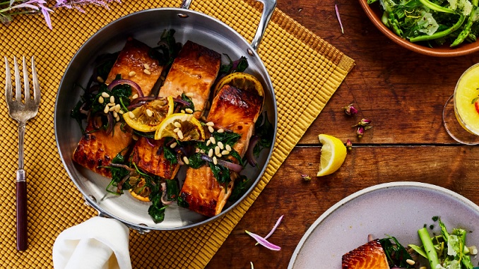 Recipe for Honey Lemon Glazed Salmon with Spinach Sauté
