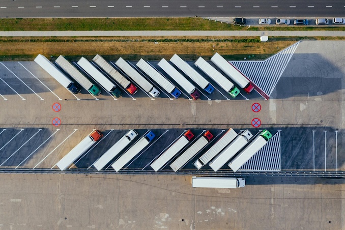 trucks in parking lot.