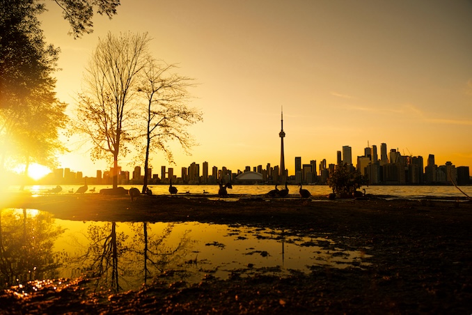 Sunset scene looking at downtown Toronto from the Toronto Isalnds