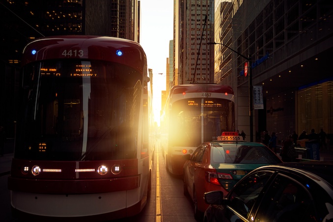 Toronto streetcar at sunset