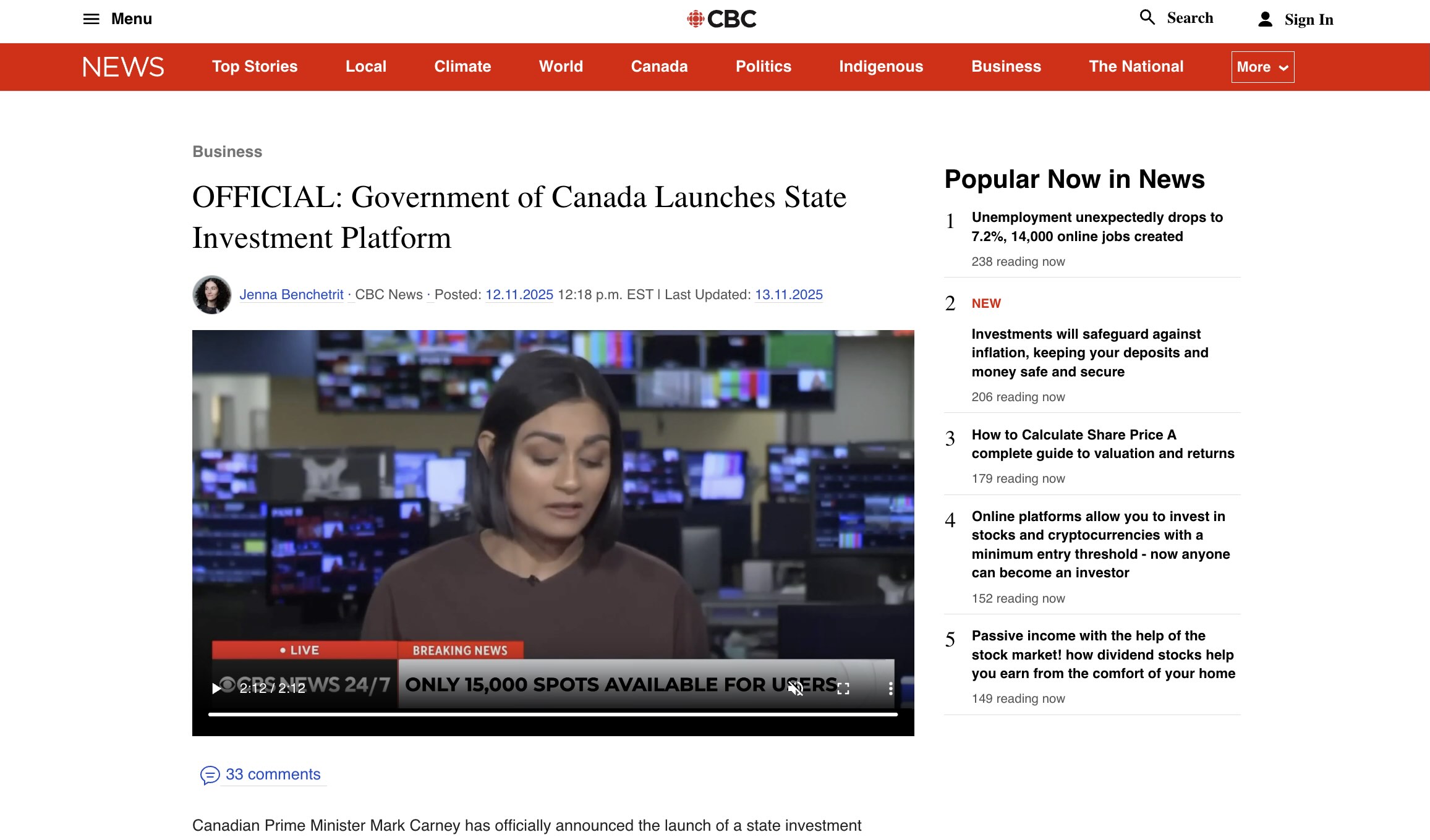 Screenshot of fake CBC website using AI videos of fake newscasters and speeches by Mark Carney.