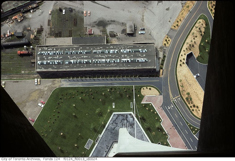 August 1976 - Downward view towards tower base, CN Tower