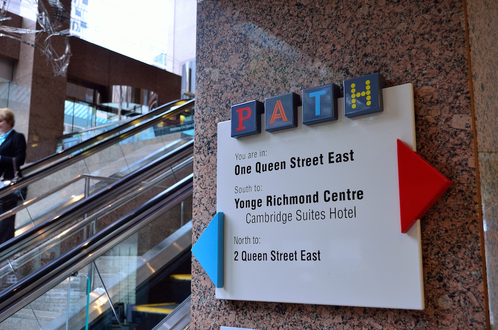 Previous-generation directional signage for Path. Signs used a colour-coded system, with different colours representing different cardinal directions.